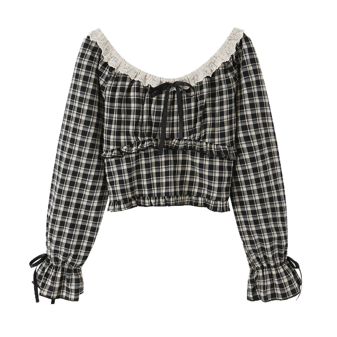 Damen Karierte Carmen-Bluse mit Rüschenkragen, Bindebändern und geraffter Cropped-Silhouette Drune