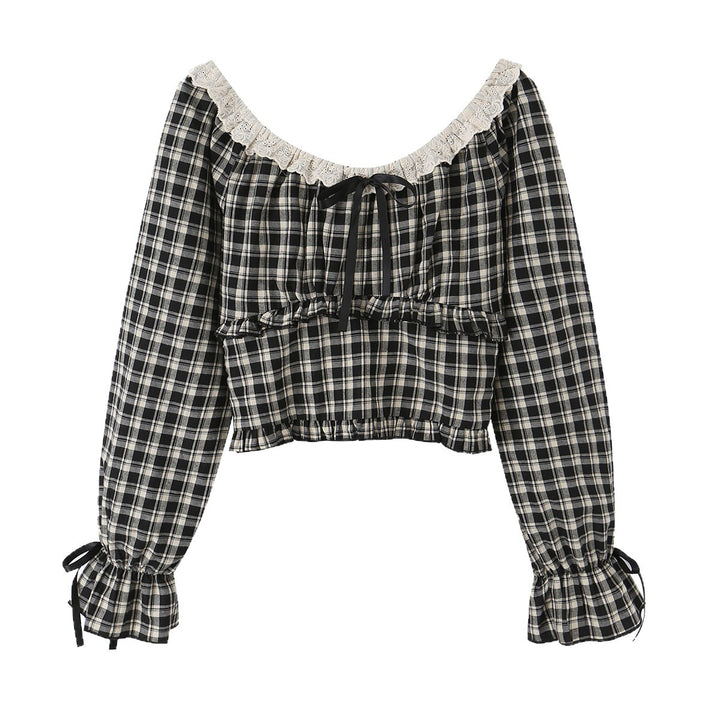 Damen Karierte Carmen-Bluse mit Rüschenkragen, Bindebändern und geraffter Cropped-Silhouette Drune