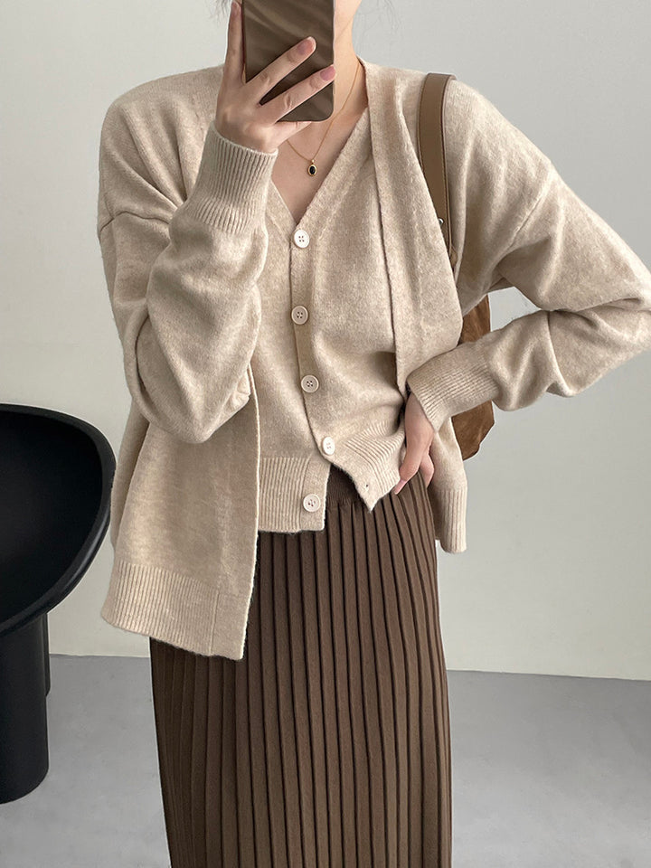 Damen Modische Strickjacke mit V-Ausschnitt und Knopfverschluss Drune