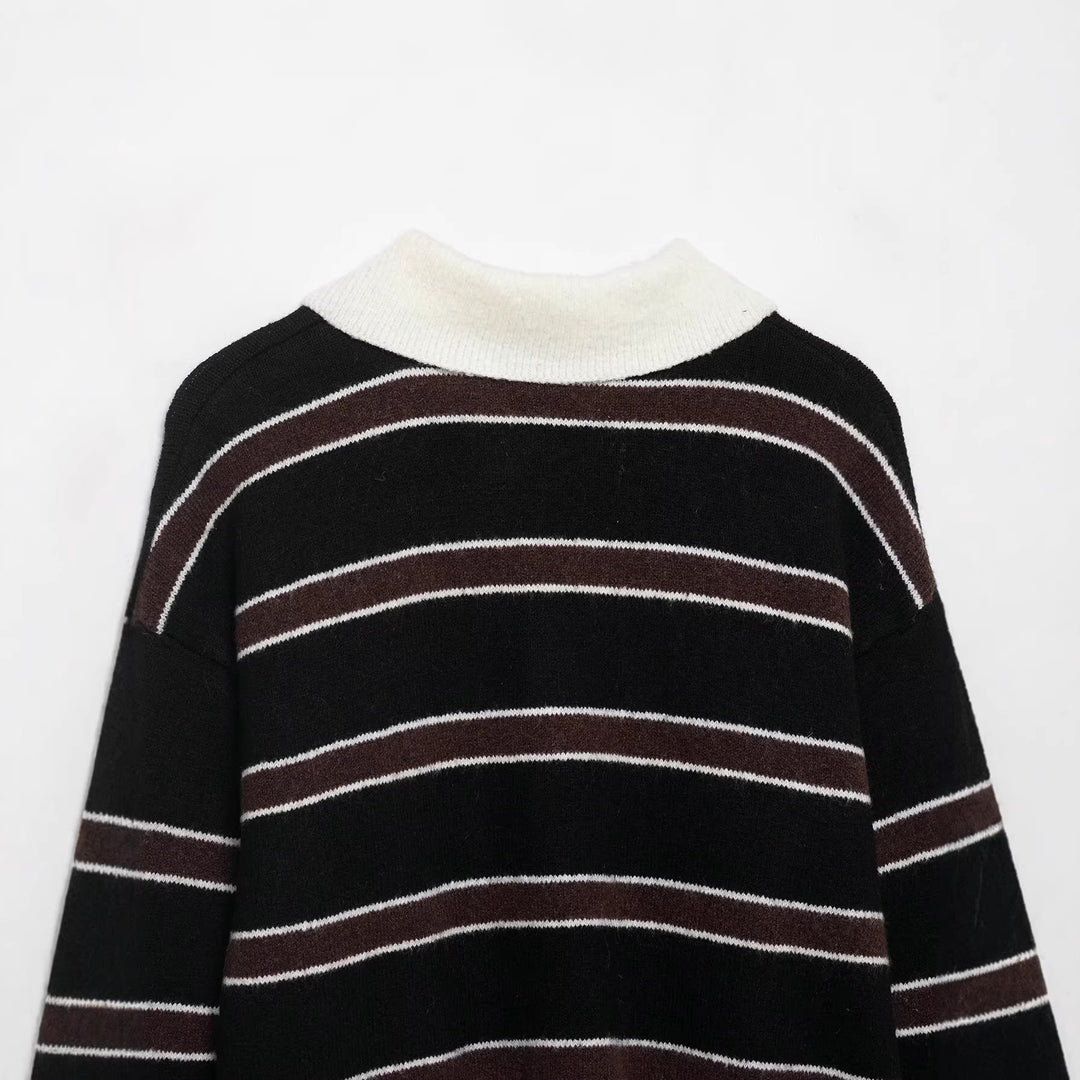Damen Gestreifter Polokragen-Pullover aus weichem Strukturstrick mit Knopfleiste Drune