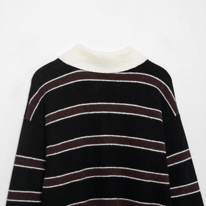 Damen Gestreifter Polokragen-Pullover aus weichem Strukturstrick mit Knopfleiste Drune