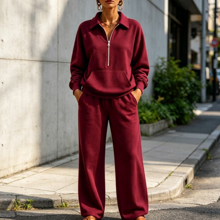 Damen Lässiges Sweat-Set mit Halbzip-Pullover und weiter Jogginghose Drune