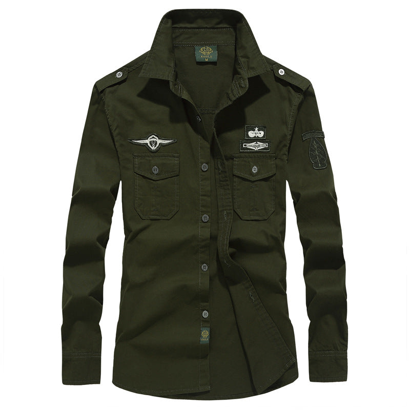 Herren nan militärisches Langarmhemd mit gestickten Abzeichen und Brusttaschen Drune