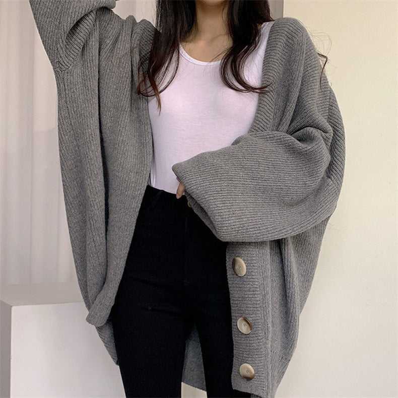 Damen gemütlicher Oversized-Strickcardigan mit großen Knöpfen Drune