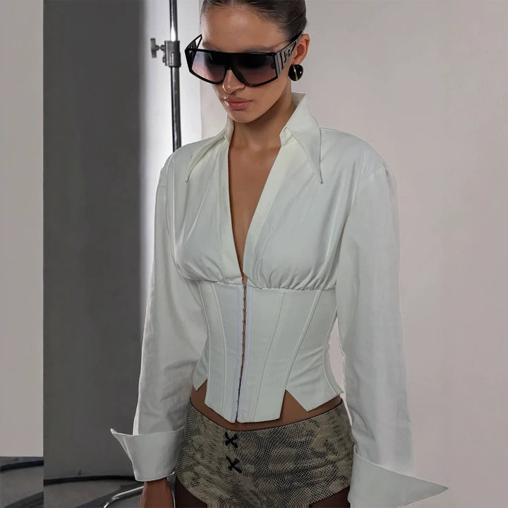 Damen Taillierter Korsett-Bustier mit integrierter Hemdbluse und Frontverschluss Drune