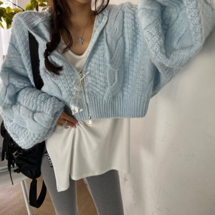 Damen cropped Strickjacke mit Zipper und strukturiertem Zopfdesign Drune