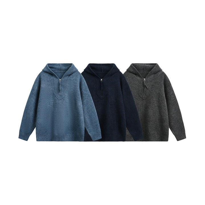 Damen Oversize-Strickpullover mit halbem Reißverschluss und Kapuzenkragen Drune