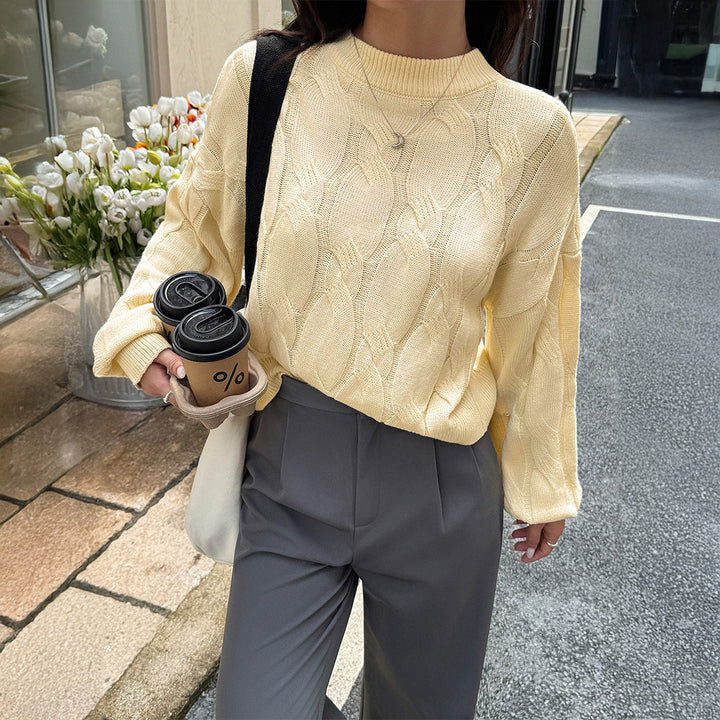 Damen nan cropped Zopfmuster-Pullover mit kastiger Silhouette, überschnittener Schulter und geripptem Saum Drune