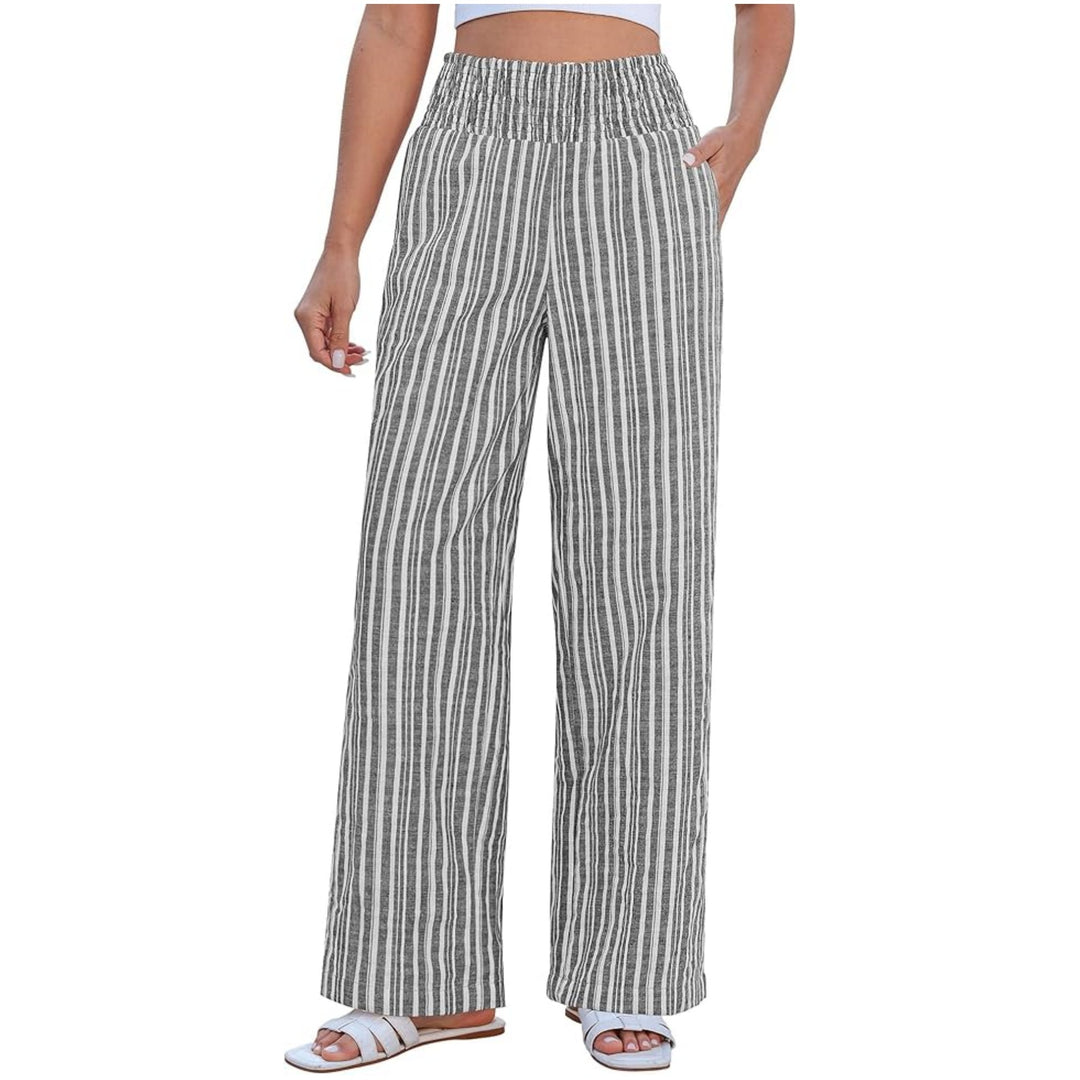 Damen Leichte Leinenoptik Palazzohose mit hohem Smokbund und Eingrifftaschen Drune