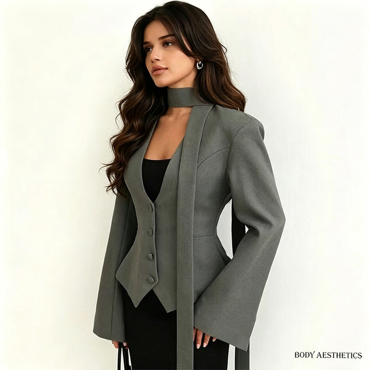 Damen Elegantes tailliertes Blazer-Set mit Weste und Schluppe Drune