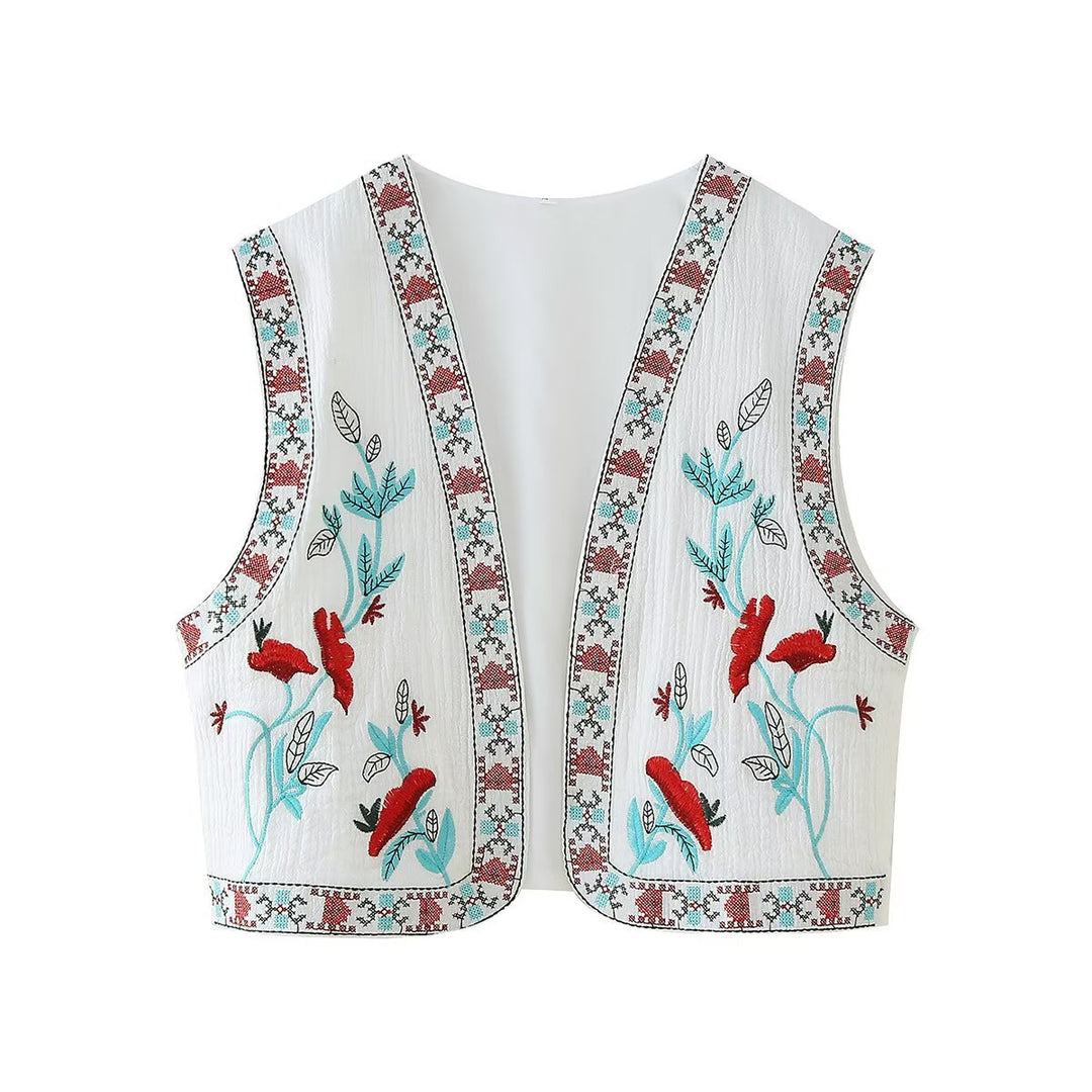 Damen Bestickte ärmellose Boho-Weste mit offenem Schnitt und floraler Stickerei Drune