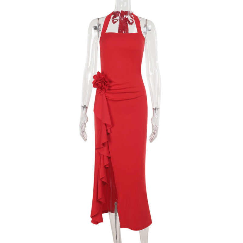 Damen Abendkleid mit asymmetrischem Rüschendesign und verführerischen Halterneck Drune