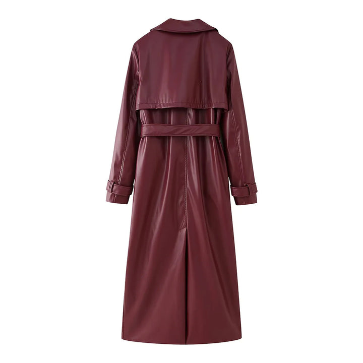 Damen nan langer veganer Trenchcoat in Lederoptik mit Taillengürtel und Schulterklappe Drune