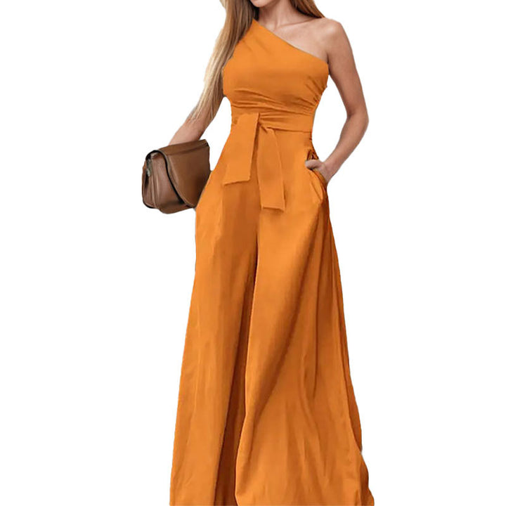 Damen Eleganter One-Shoulder Jumpsuit mit Taillengürtel und weiten Beinen Drune