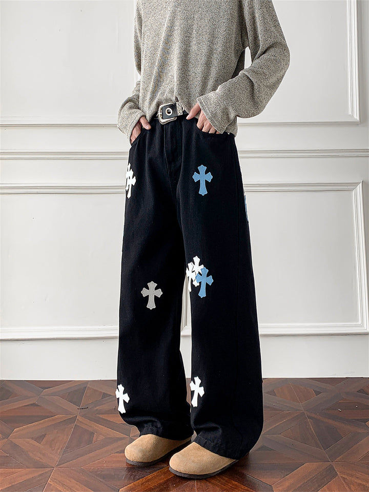 Damen Weitgeschnittene Denim-Hose mit kreativem Kreuzdesign Drune