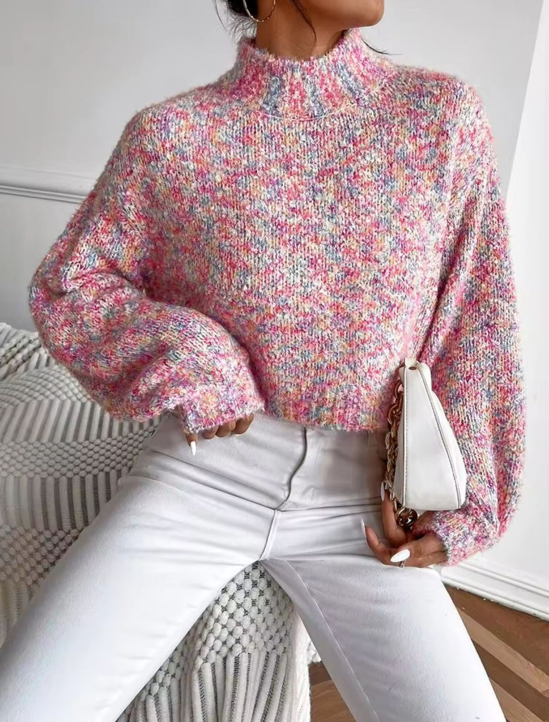 Damen Kurzgeschnittener Oversize-Pullover mit Stehkragen, mehrfarbigem Bouclé-Muster und Ballonärmeln Drune