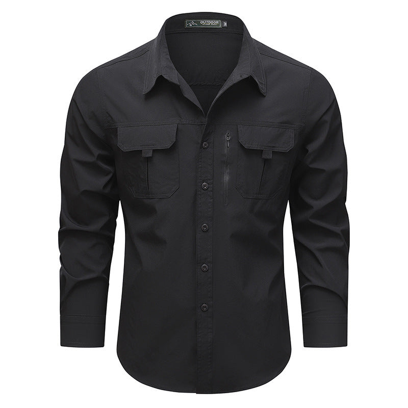 Men's  technical long-sleeve utility shirt with dual flap chest pockets and concealed zip utility pocket Drune