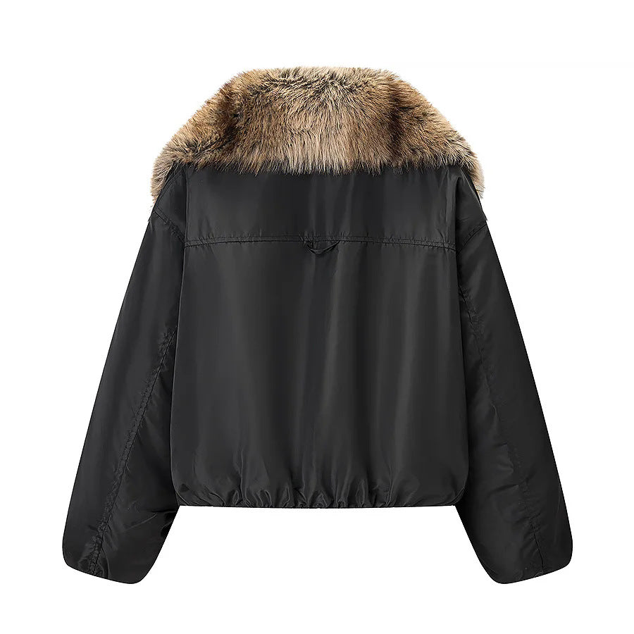 Damen nan cropped Kunstfell-Bomberjacke mit voluminösem Schalkragen und elastischem Saum Drune