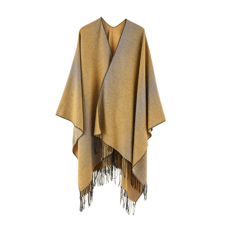 Damen Cape-Poncho aus leichtem Glanzstrick mit Ombre-Effekt und Fransensaum Drune