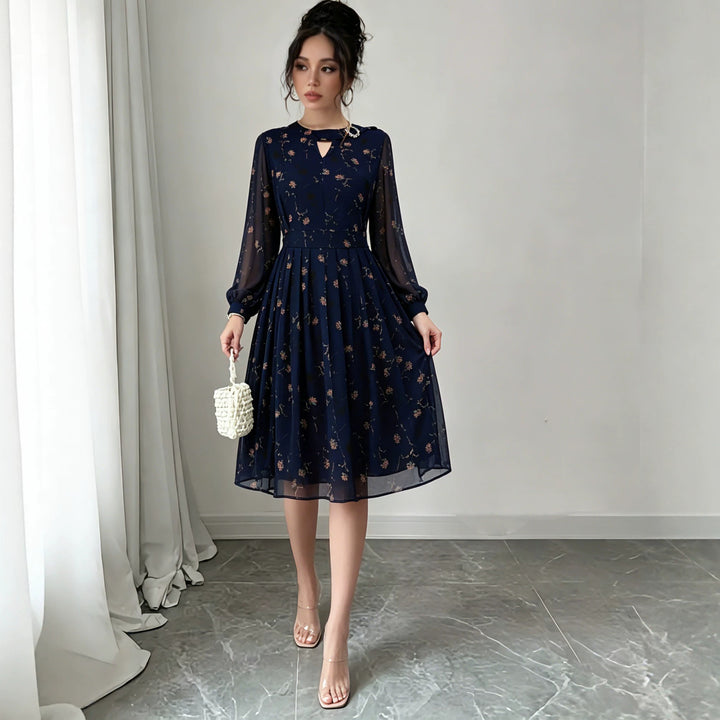 Damen Chiffon-Midikleid mit plissiertem Rock, transparenten Ärmeln und Zierbrosche Drune