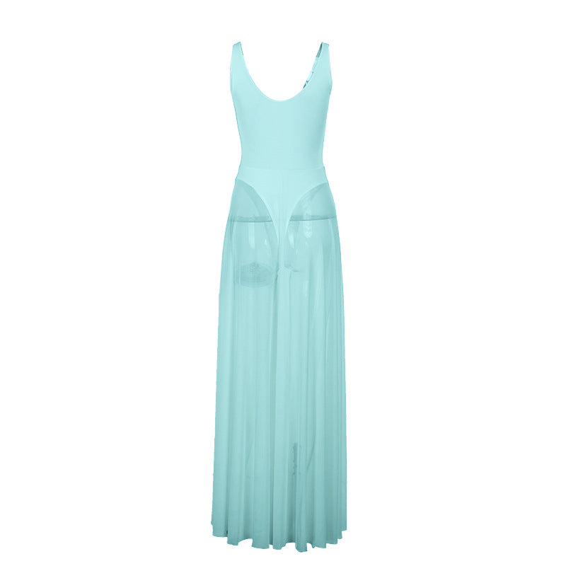 Damen Stilvolles Maxikleid mit transparentem Rock und elegantem V-Ausschnitt Drune