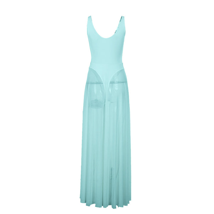 Damen Stilvolles Maxikleid mit transparentem Rock und elegantem V-Ausschnitt Drune