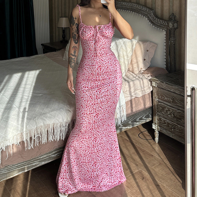 Damen Maxikleid mit zarten Blumenmustern und verstellbaren Spaghettiträgern Drune