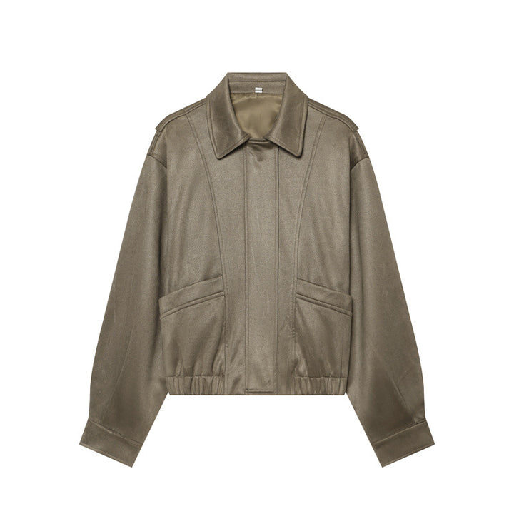 Damen nan kastige vegane Lederblousonjacke mit Hemdkragen, verdeckter Frontleiste und elastischem Saum Drune