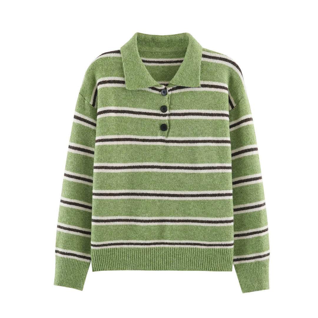 Damen Oversize-Polopullover mit Streifenmuster und Knopfleiste Drune