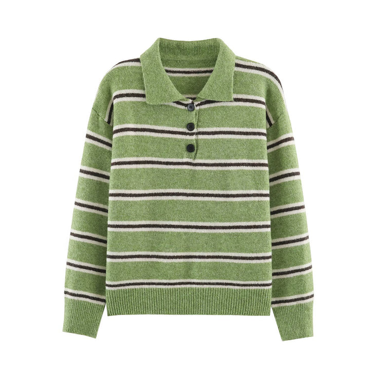 Damen Oversize-Polopullover mit Streifenmuster und Knopfleiste Drune