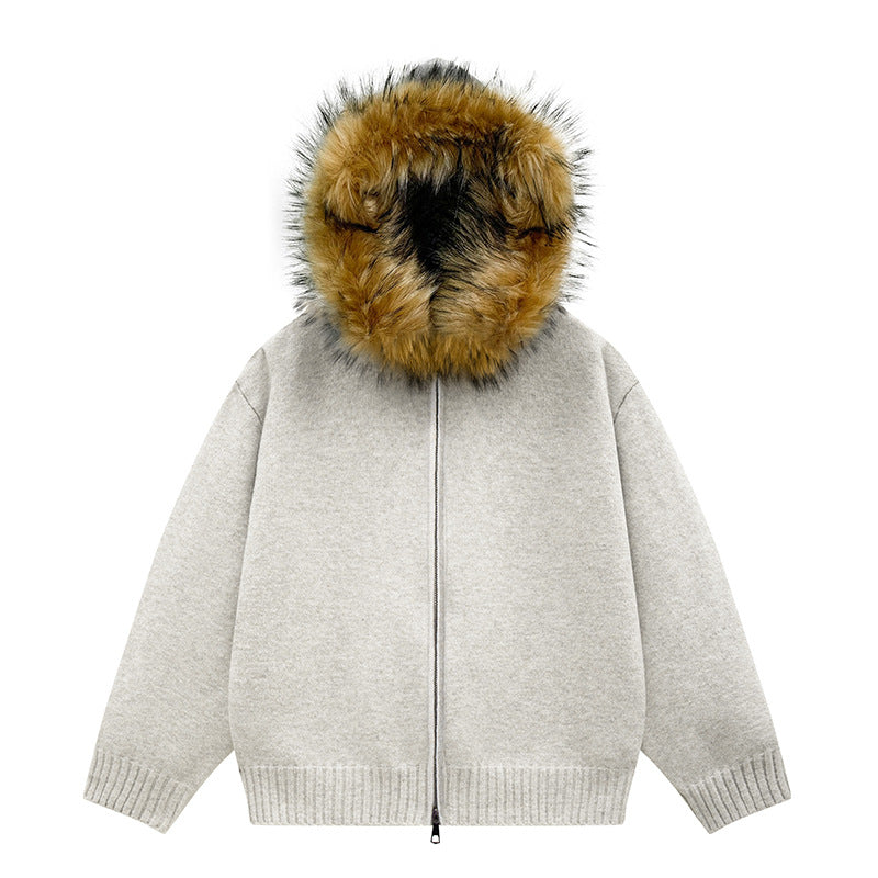 Damen Strick-Bomberjacke mit Kapuze und abnehmbarem Kunstfellbesatz Drune