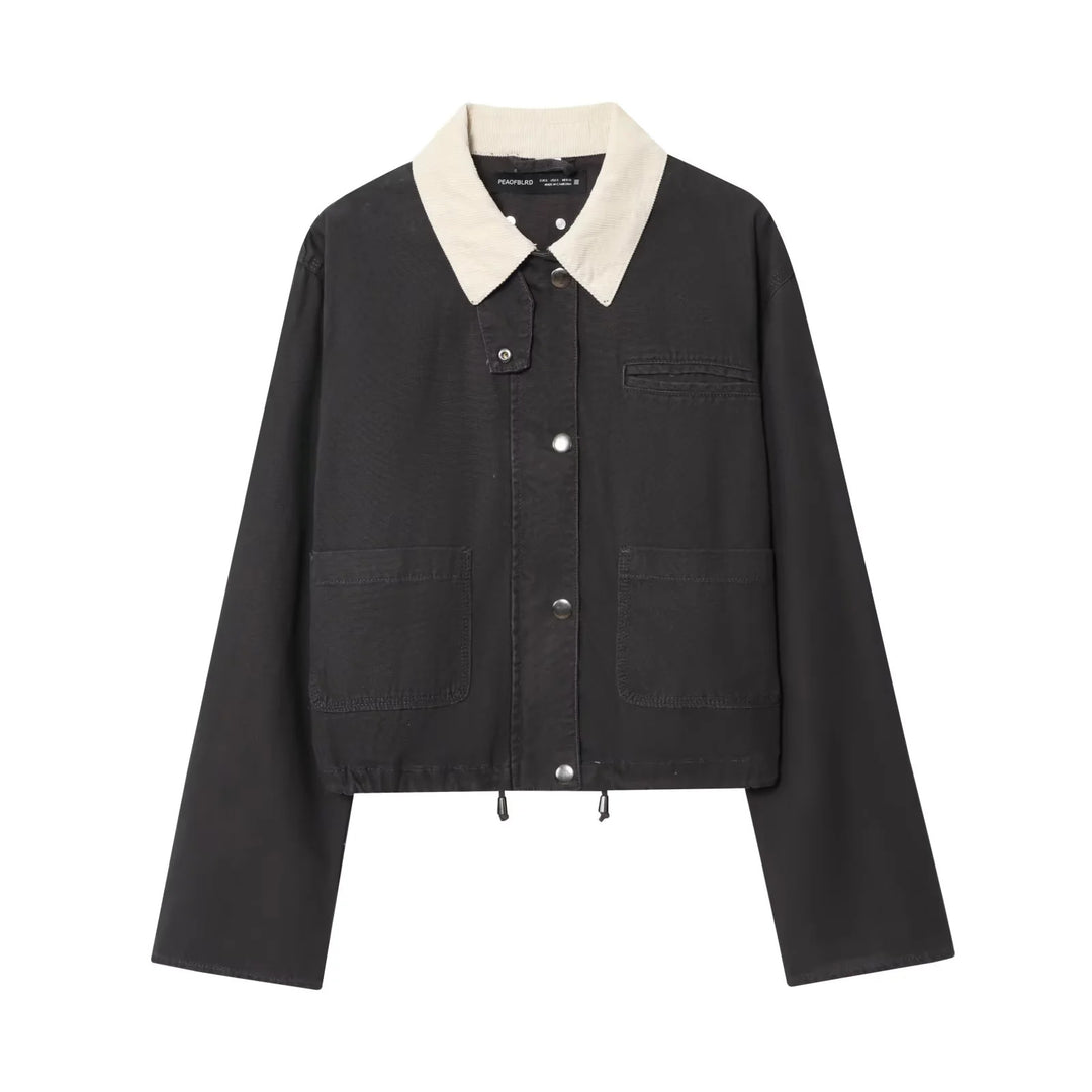 Damen nan kurze Chore‑Jacke mit Cordkragen, Druckknopfleiste und Kordelzugsaum Drune
