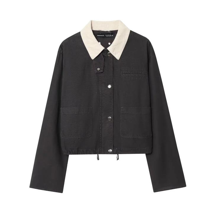 Damen nan kurze Chore‑Jacke mit Cordkragen, Druckknopfleiste und Kordelzugsaum Drune