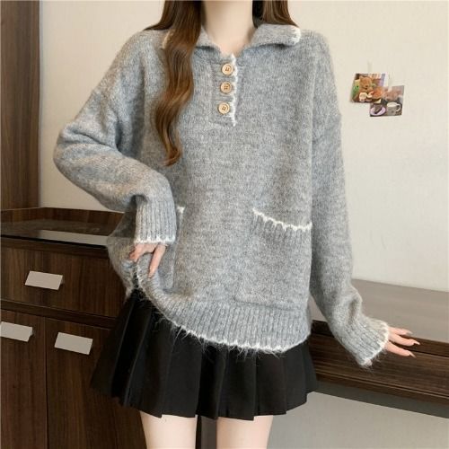 Damen Strickpullover mit Kragen und Knopfdetails Drune