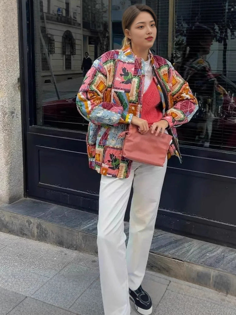 Damen gestepptes Quilt-Design Jacke mit bunten Mustern Drune