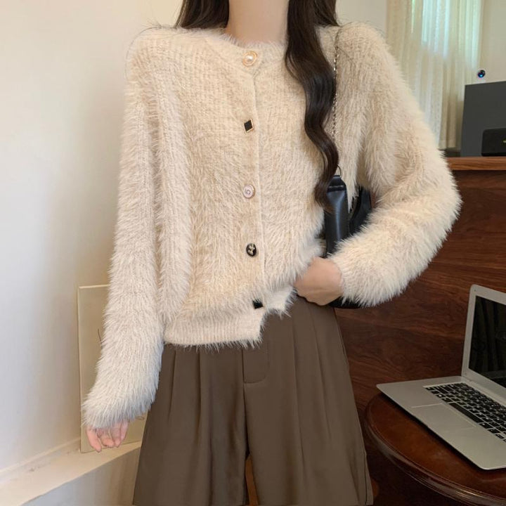 Damen Flauschige Strickjacke mit stilvollen Knopfdetails und langen Ärmeln Drune