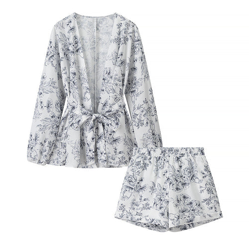 Damen nan Kimono-Shorty-Set aus leichtem Viskosemix mit Bindegürtel und elastischer Taille Drune