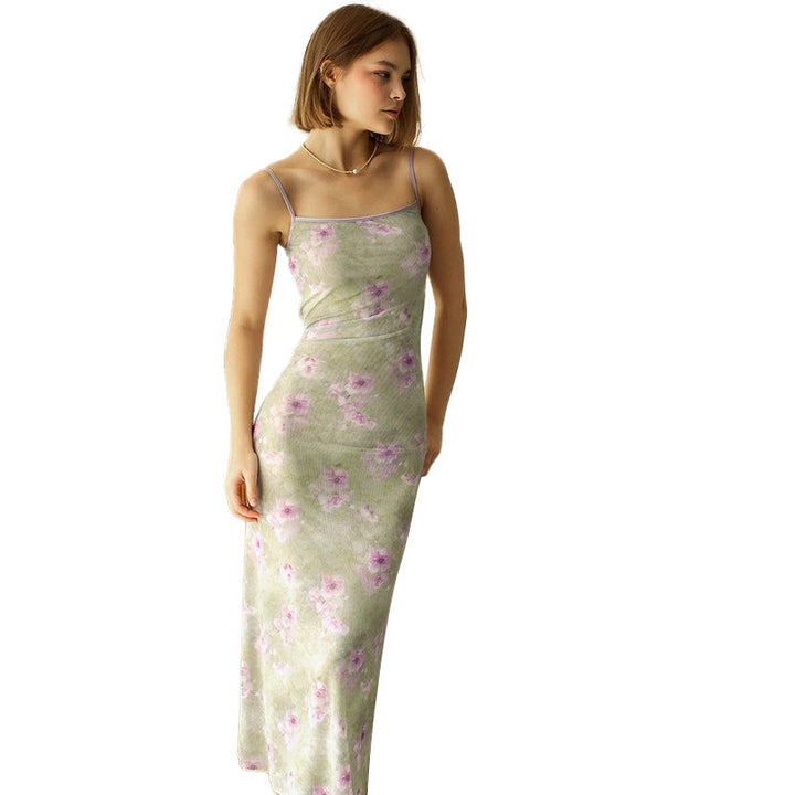 Damen elegantes Maxikleid mit zarten floralen Mustern und schmalen Spaghetti-Trägern Drune