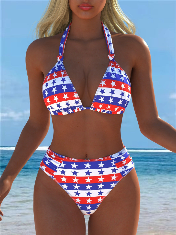 Damen Triangel-Bikini mit hohem Bund und patriotischem Sternen-Muster Drune