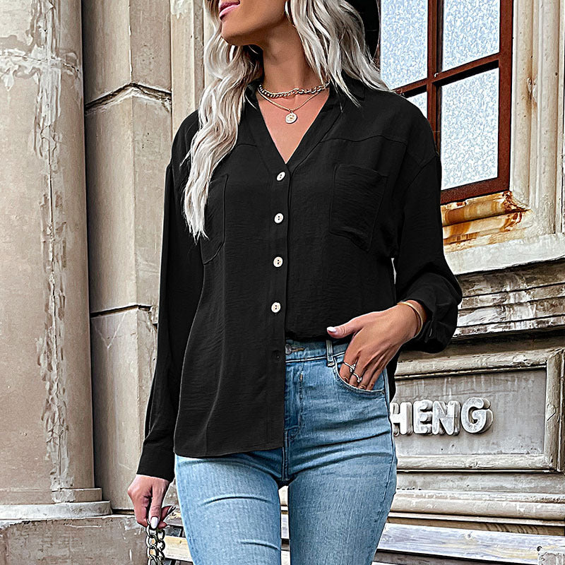 Damen Oversize Crinkle‑Hemdbluse mit V‑Ausschnitt, sichtbarer Knopfleiste und Brusttasche Drune