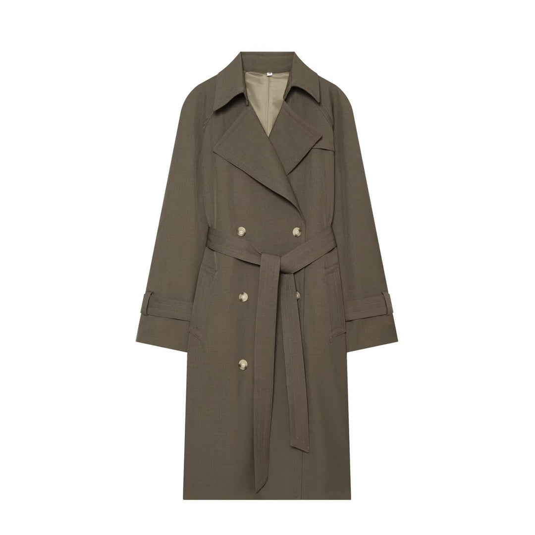 Damen Langer Doppelreihiger Trenchcoat mit Taillengürtel und Raglanärmeln Drune