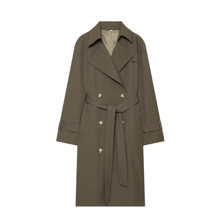 Damen Langer Doppelreihiger Trenchcoat mit Taillengürtel und Raglanärmeln Drune