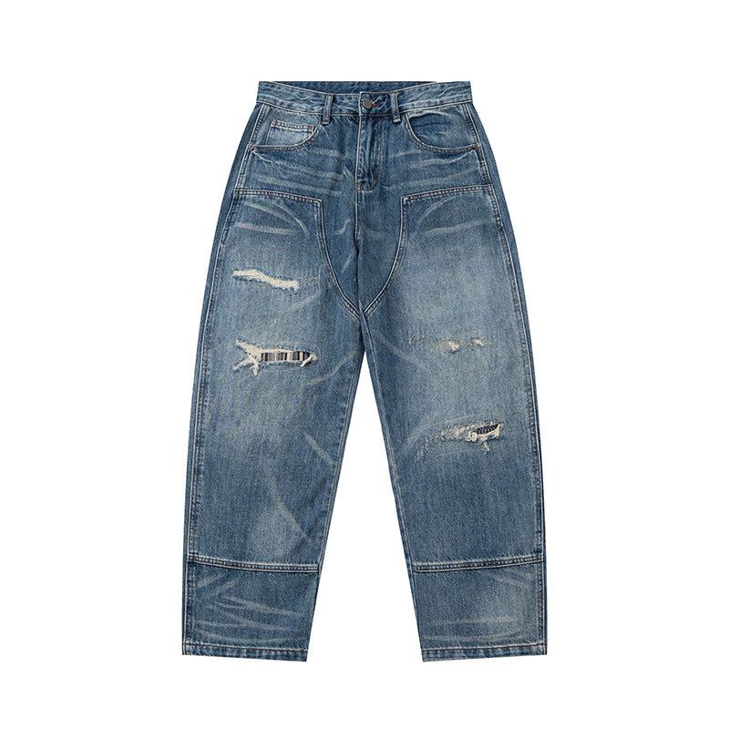 Damen Hochtaillierte Denimhose im weiten, verkürzten Schnitt mit Used‑Effekt und aufgesetzten Fronttaschen Drune