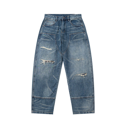 Damen Hochtaillierte Denimhose im weiten, verkürzten Schnitt mit Used‑Effekt und aufgesetzten Fronttaschen Drune
