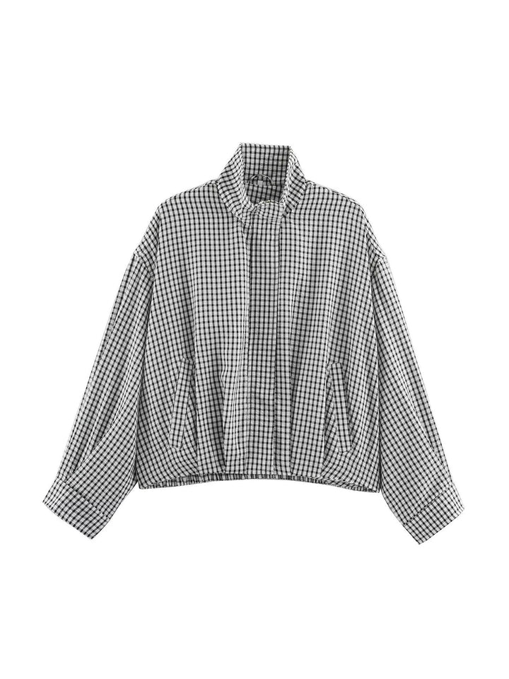 Damen Oversize Karierte Blousonjacke mit Stehkragen Drune