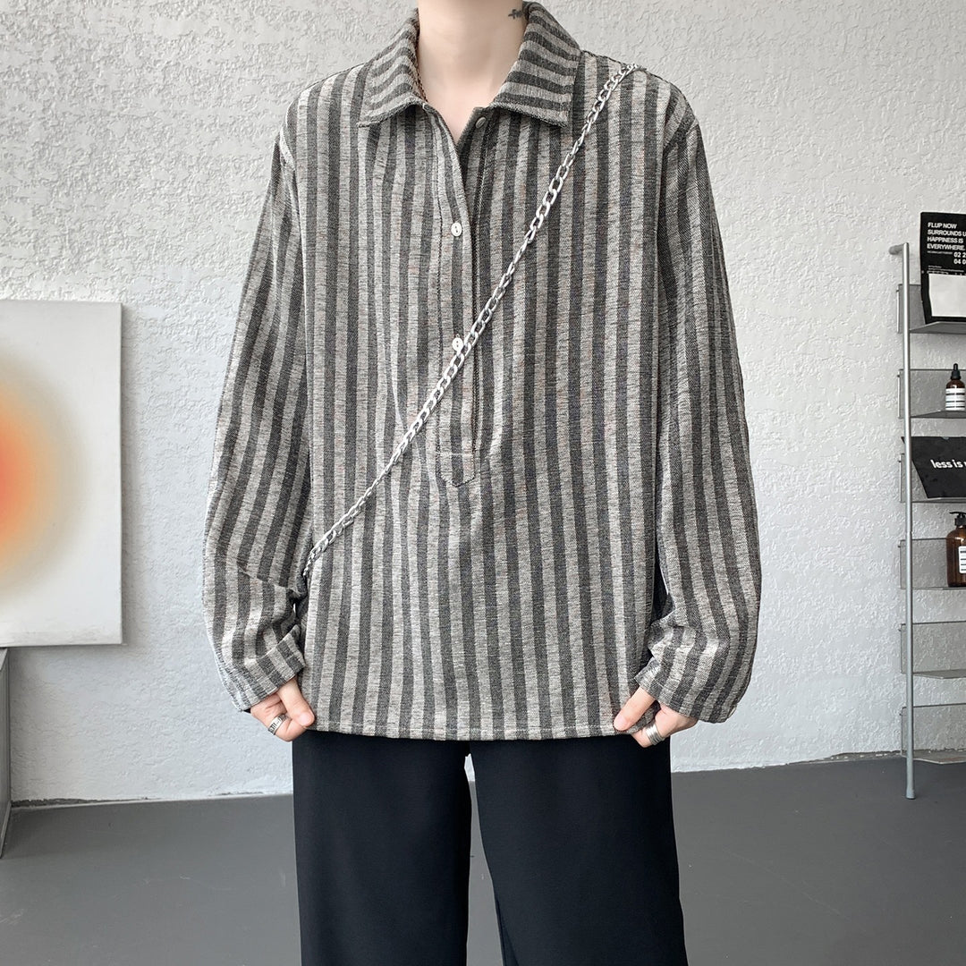 Herren Oversize Langarm-Hemd mit Polokragen, gestreifter Struktur & halber Knopfleiste Drune