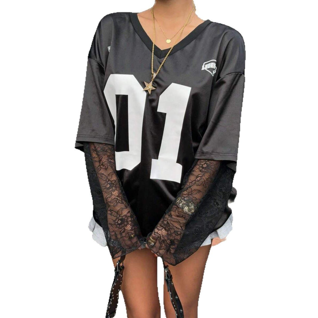 Damen Streetstyle Oversized T-Shirt mit Lace-Ärmeln Drune