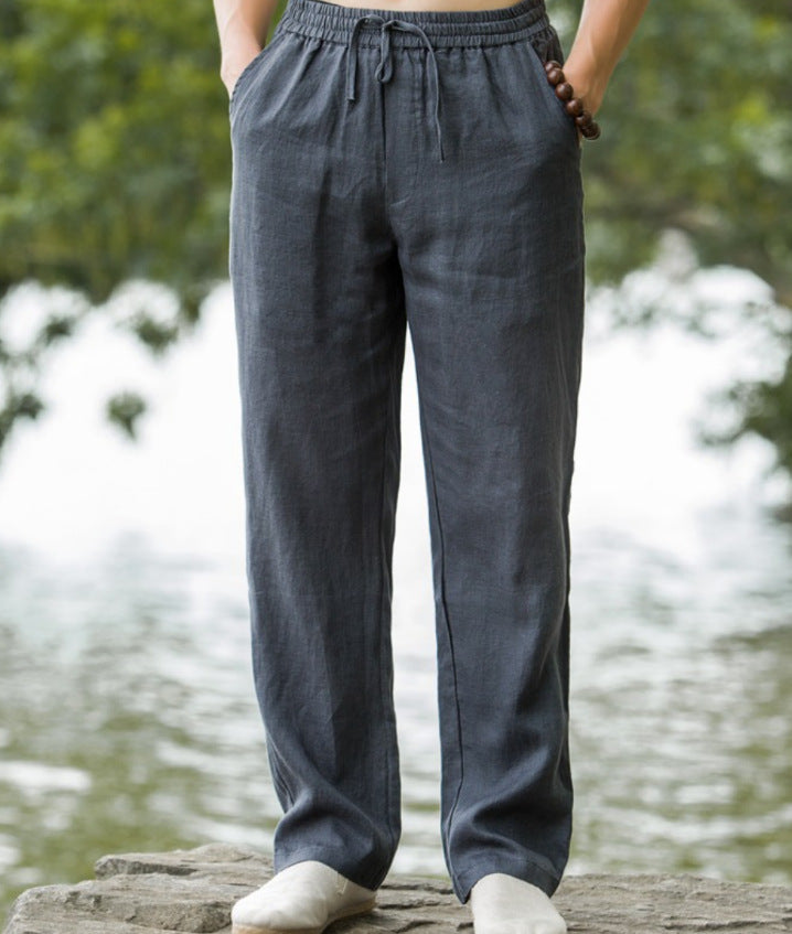 Herren nan leichte Leinenhose mit elastischem Bund weites Bein und seitlichen Eingrifftaschen Drune
