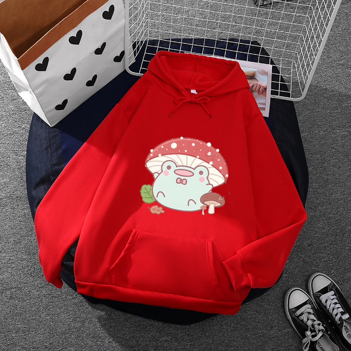 Damen nan weicher Oversize-Kapuzenpullover mit kawaii Pilzfrosch-Print, Kängurutasche und gerippten Bündchen Drune