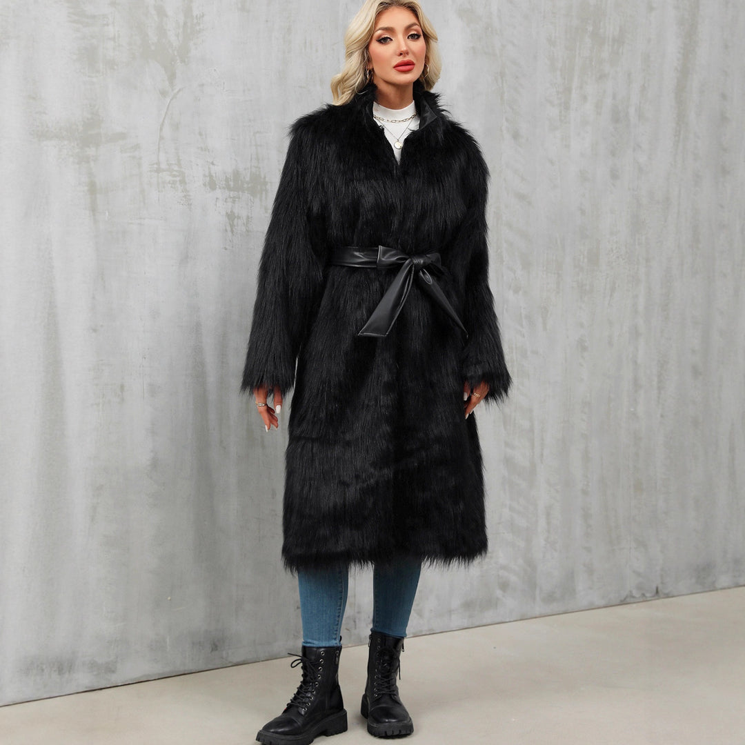 Damen Eleganter Kunstpelz-Mantel mit Taillengürtel und hochgeschlossenem Kragen Drune
